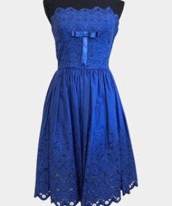 Blue strapless lace knee length runway dress | RE:LUV