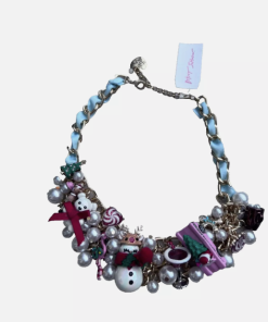 Betsey Johnson Christmas Jingle Bell Bling Charm Bauble Bib Necklace Gold / Blue | RE:LUV