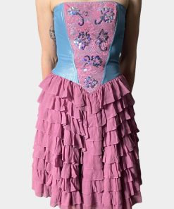 Blue and mauve strapless ruffle dress. | RE:LUV